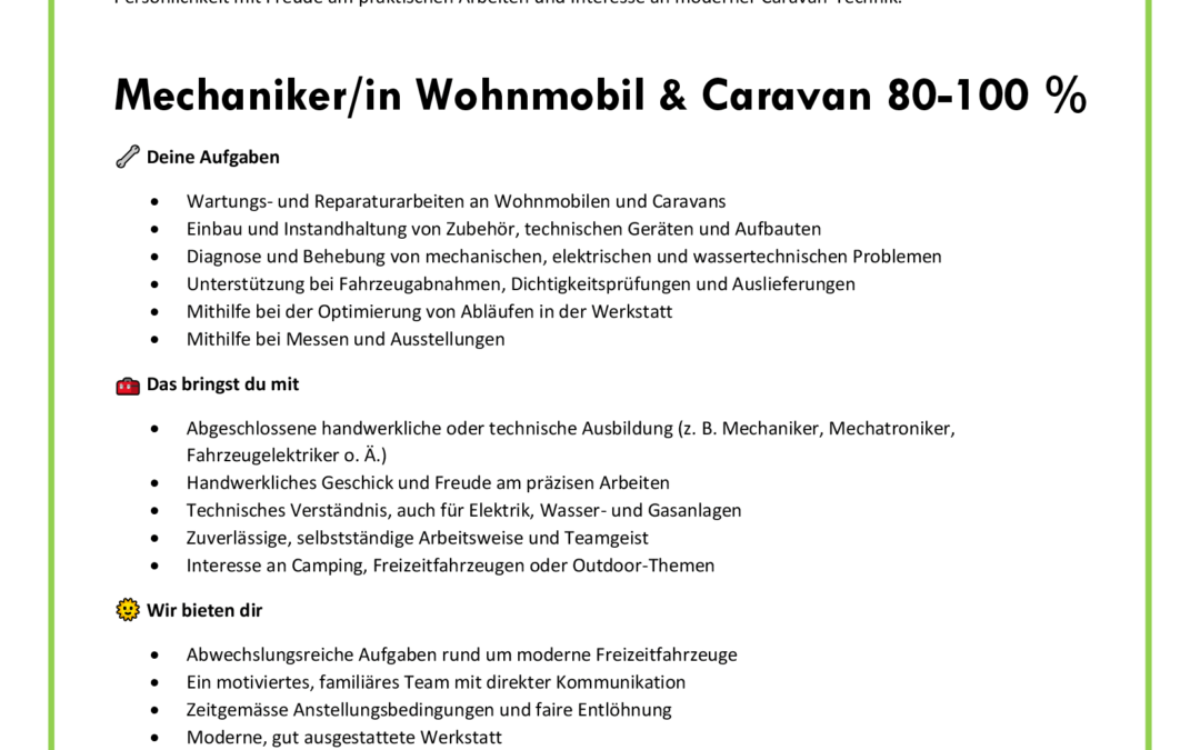 Stelleninserat Mechaniker/in Wohnmobil & Caravan