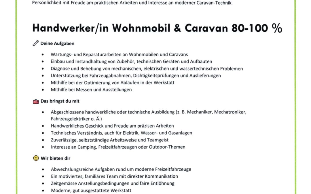 Stelleninserat Handwerker/in Wohnmobil & Caravan